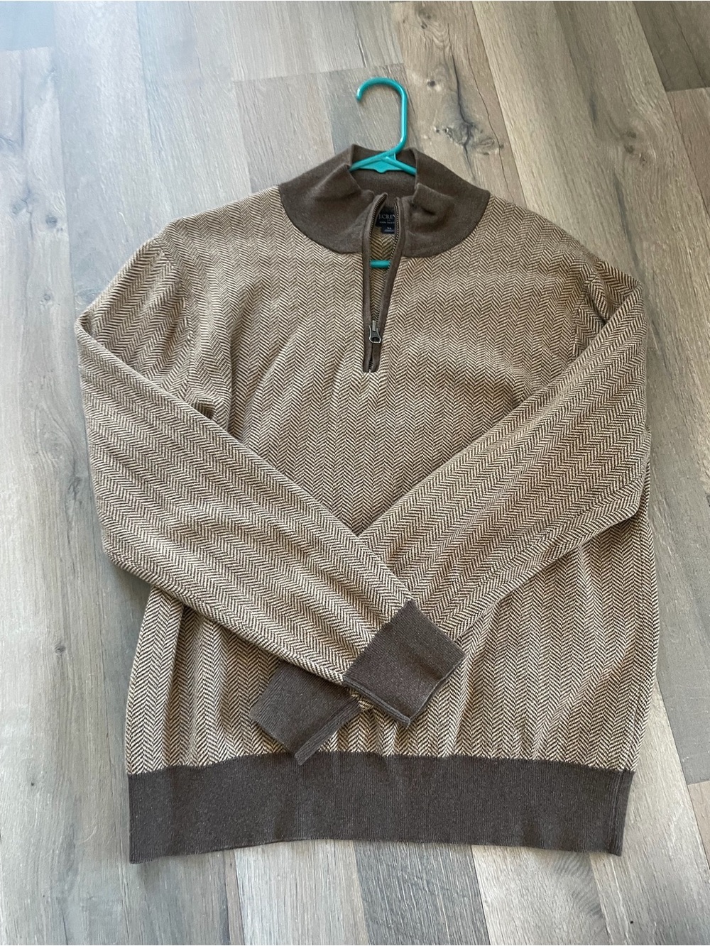 J. Crew Men's Two-Tone Brown Herringbone Quarter-Zip Sweater 100% Cotton Size M